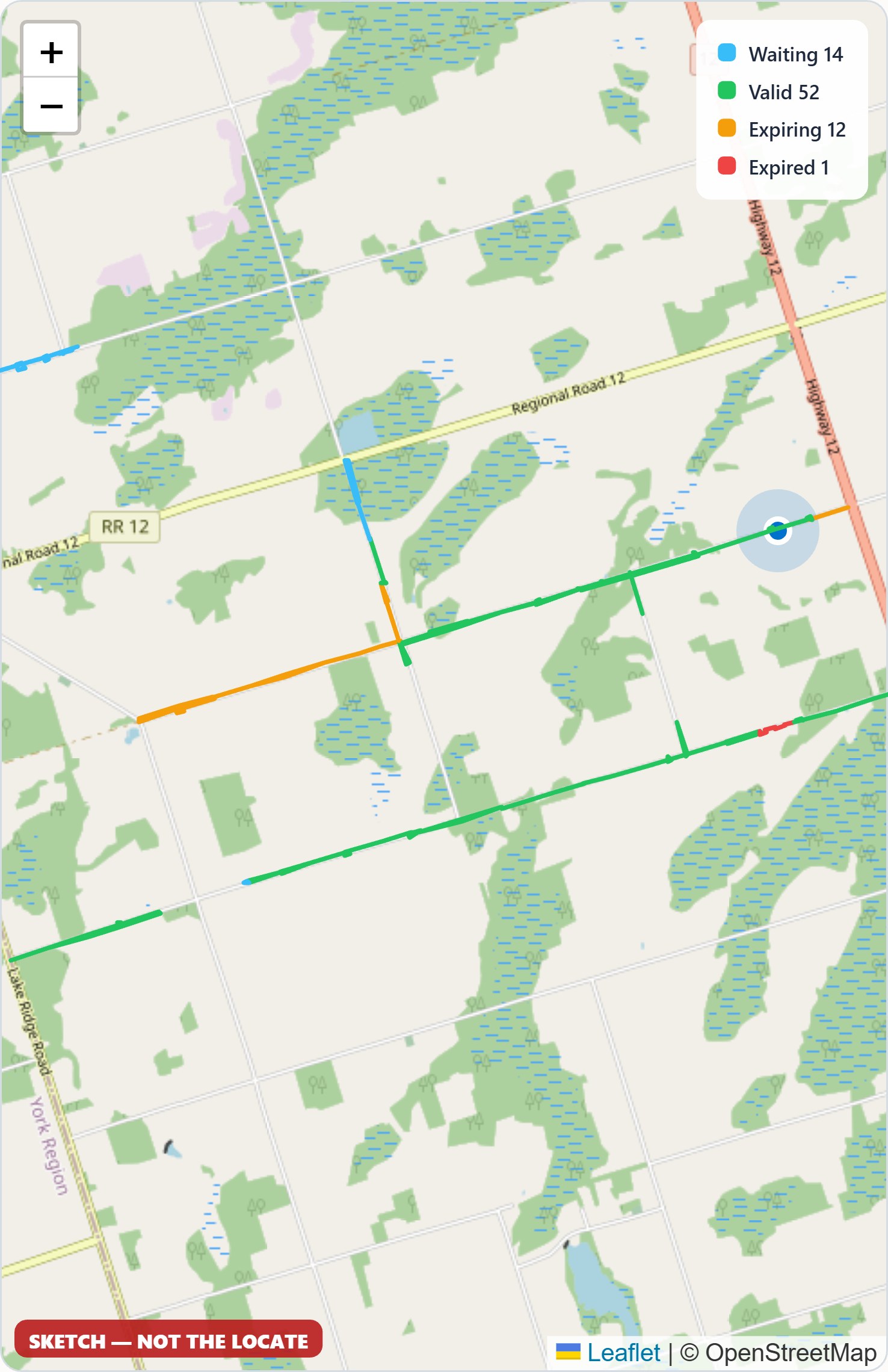 Field app map view: dig zones colour-coded by locate status around the crew's live position