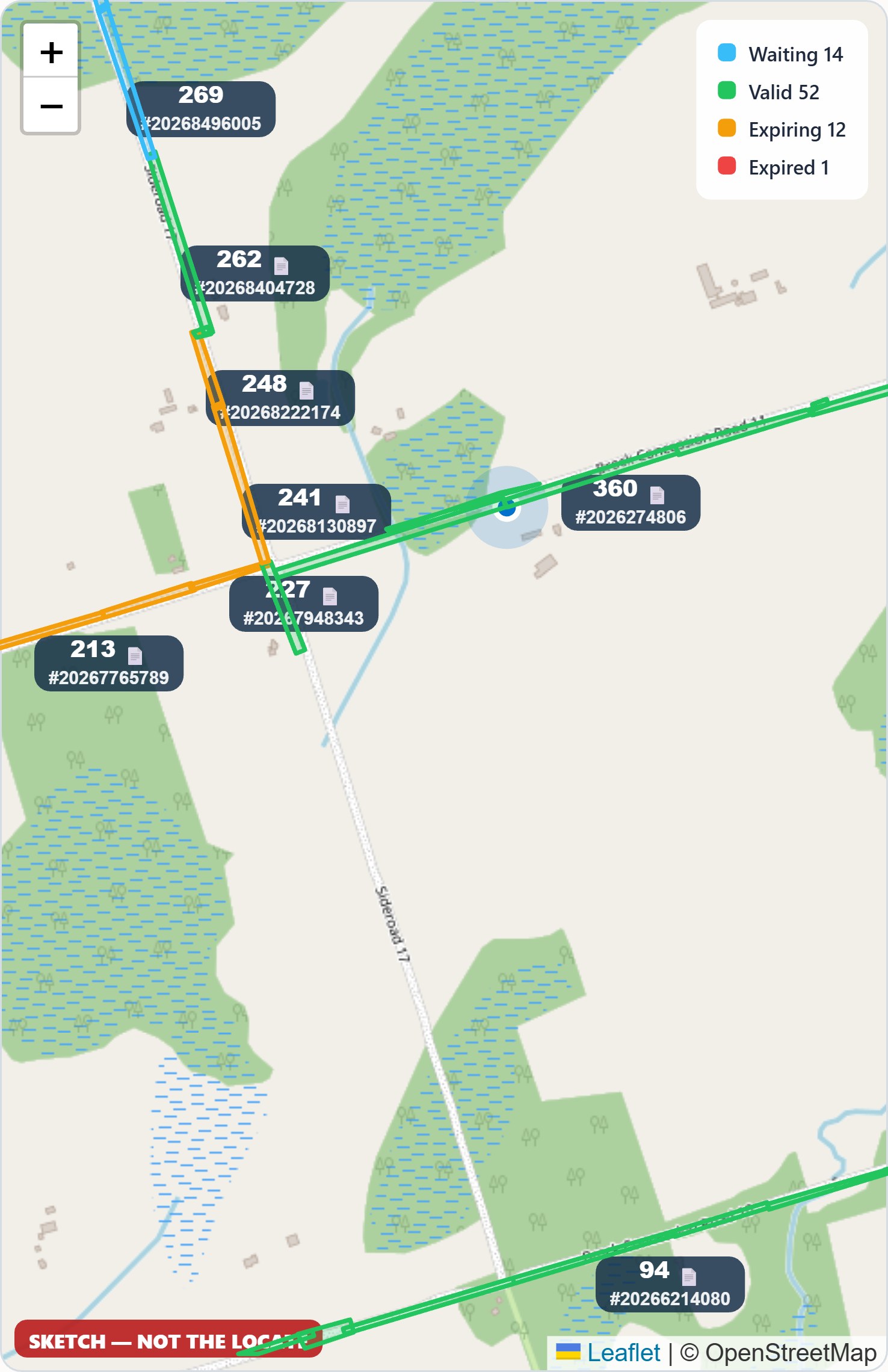 Field app zoomed to one dig zone marked expiring, with section markers and ticket numbers